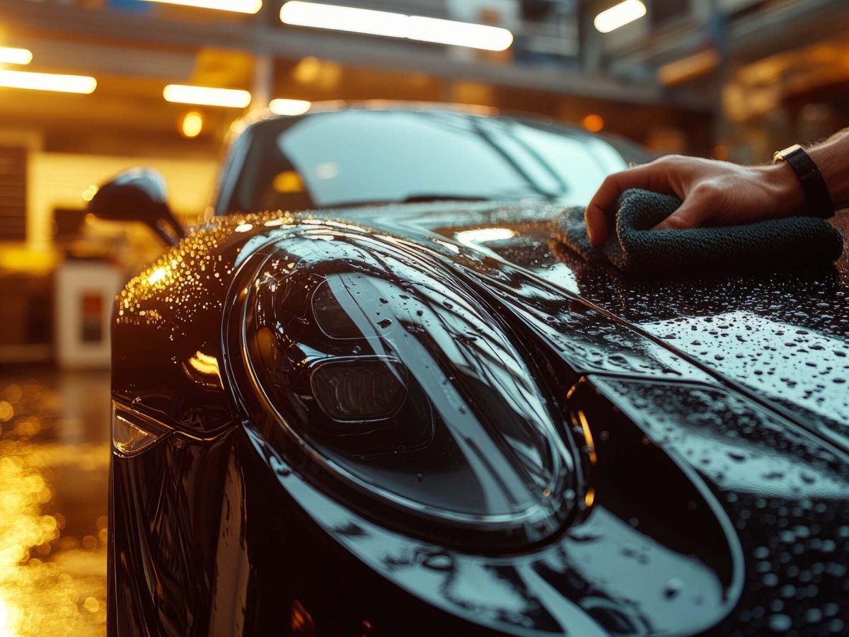 Sleek black sports car being polished in a workshop setting. Ideal for creative and business use
